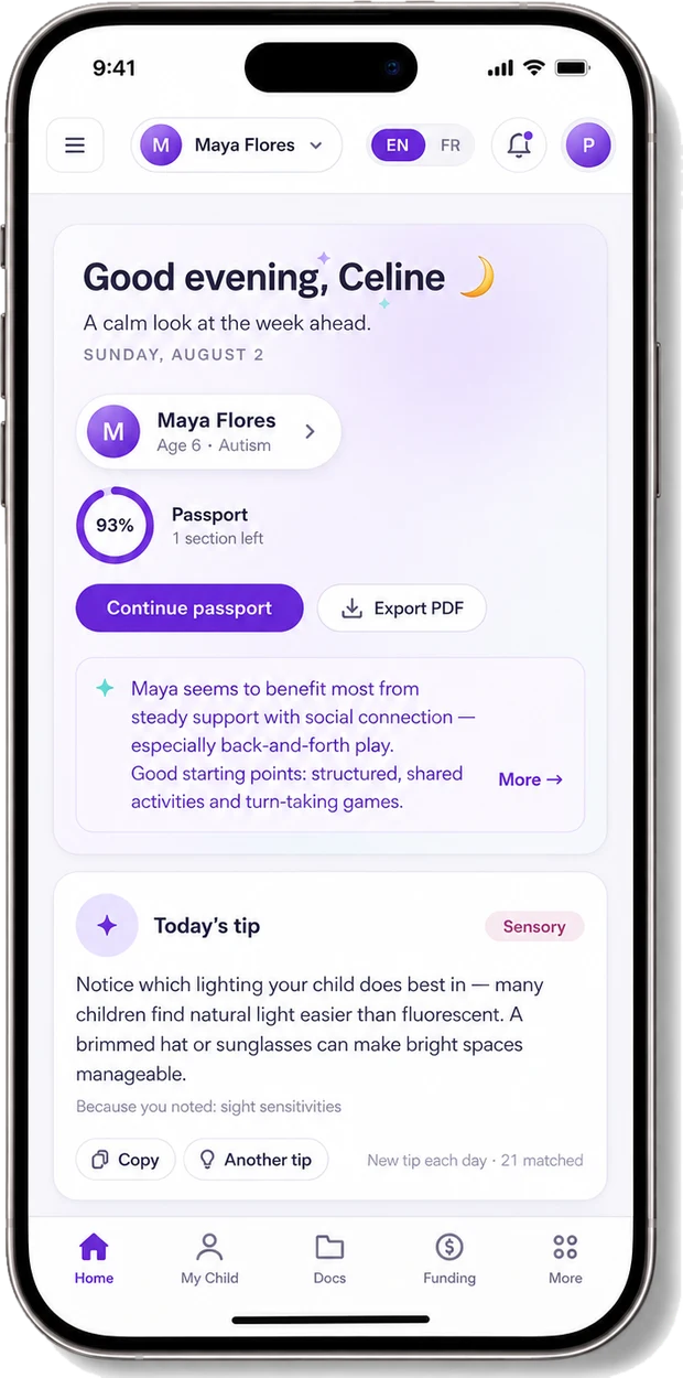 The UniqueApex app on a phone: Maya's Family Passport, daily tip and progress